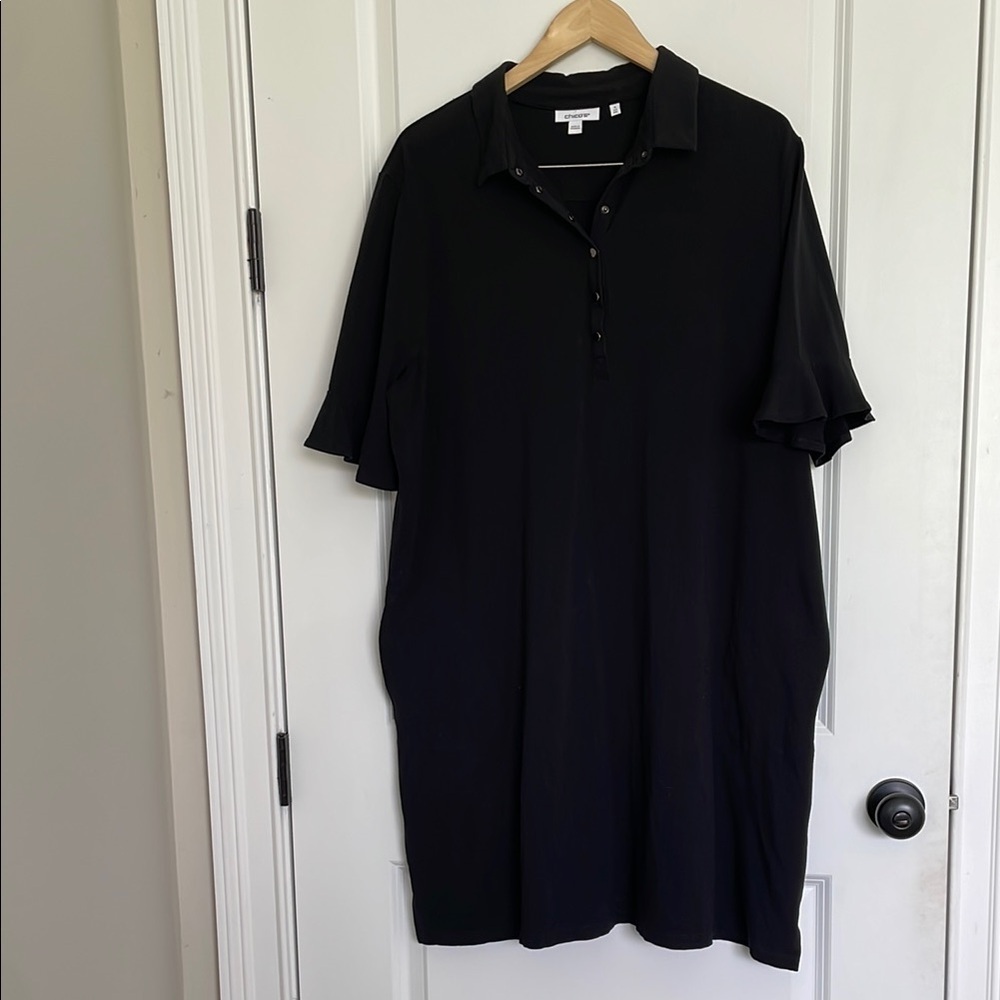 Chico’s Women’s Ruffle Sleeves Polo Shirt Dress Black XXL